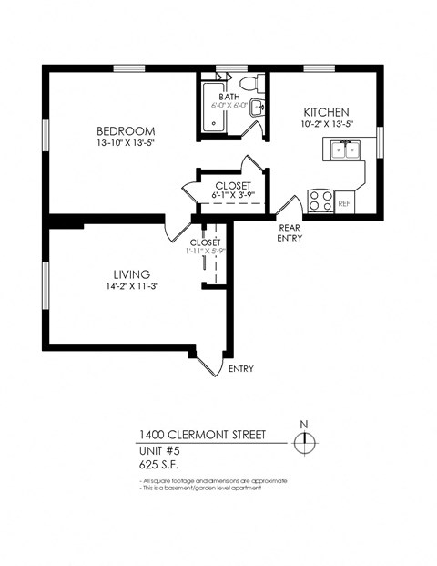 Floor plan for 1 bed, 1 bath, 750 sqft